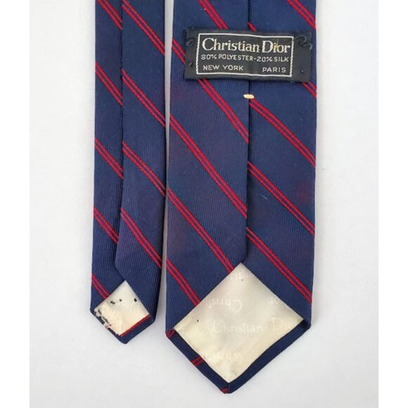 Vintage Christian Dior Men's Navy Blue and Red Striped Dior Tie - Picture 3 of 7